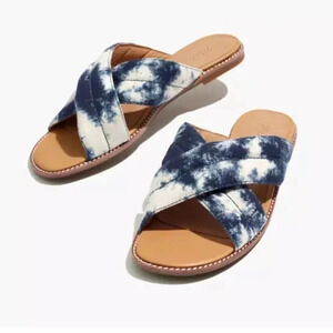New Madewell the Skyler Slide leather Sandal Blue Tie-Dye canvas AH703 slip on